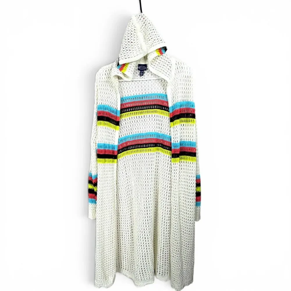 boho chunky crochet hooded duster cardigan coverup rainbow trim festival cozy xl - Picture 2 of 6